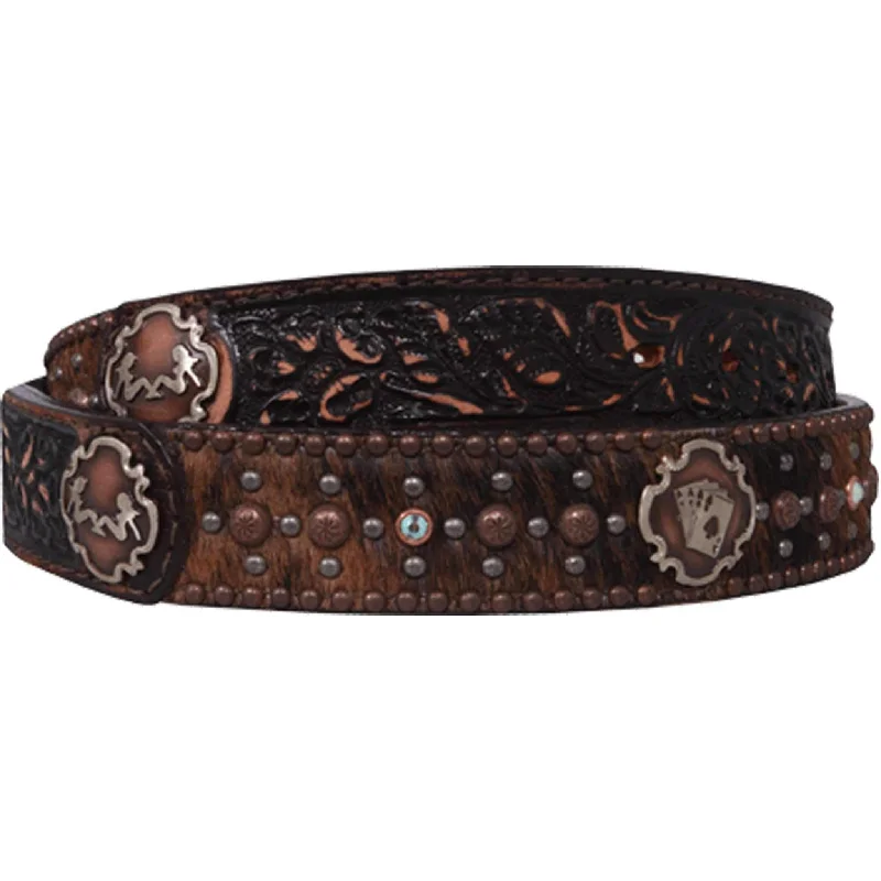 men’s classic leather belt with automatic buckle -B716 - Brindle Hair Floral Tooled Belt