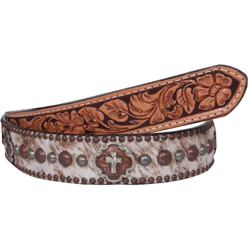 premium leather belt with silver buckle -B717 - Roan Hair Floral Tooled Belt