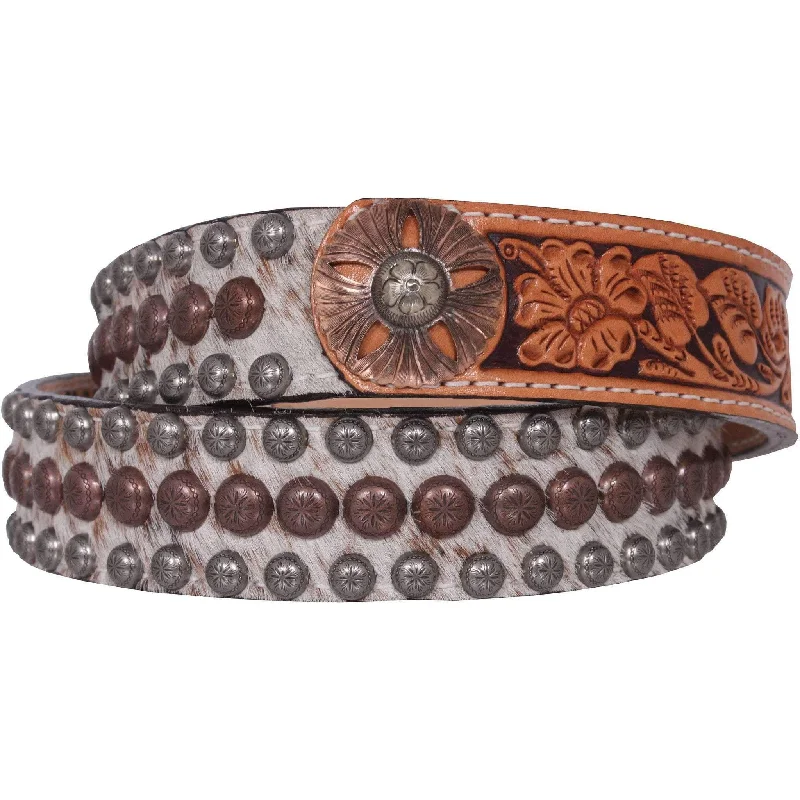 women’s stylish wide leather belt -B718 - Roan Hair Studded Tooled Belt