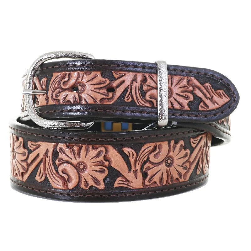 designer leather belt for casual outfits -B731A - Natural Floral Tooled Belt