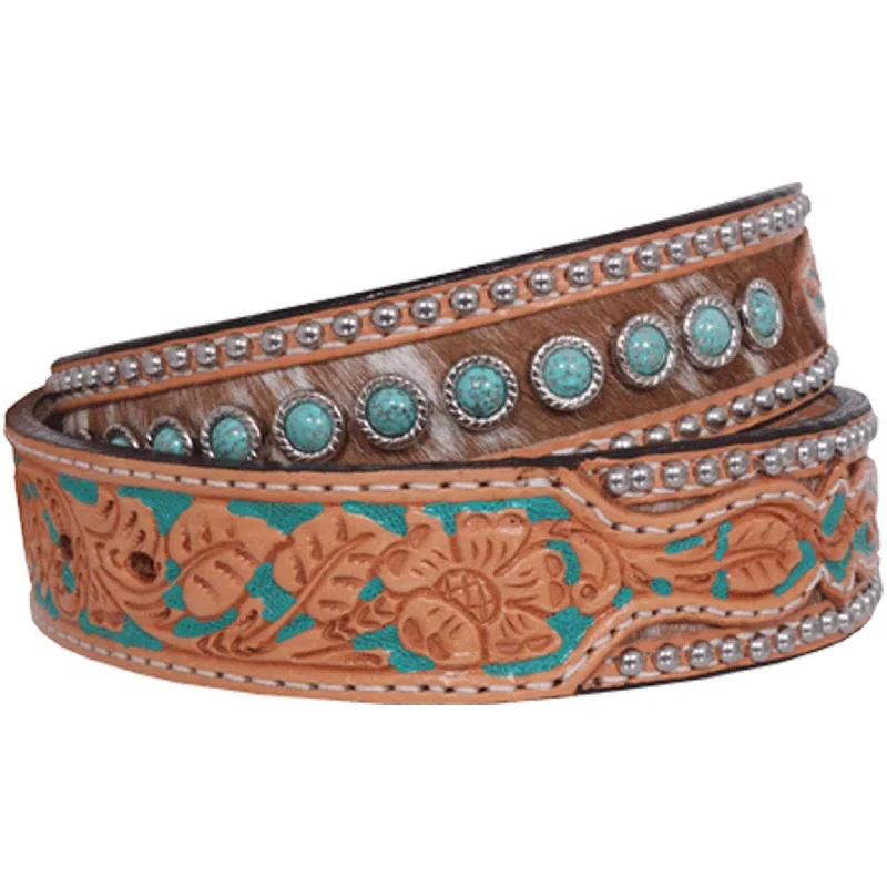 slim leather belt for work attire -B735 - Roan Hair Studded Tooled Belt