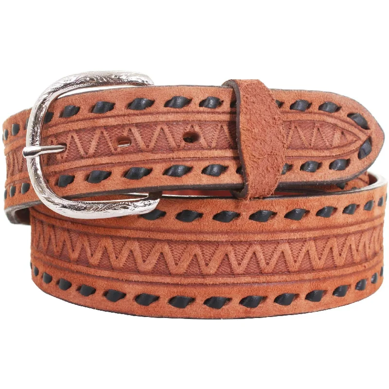 stylish waist belt for maxi dress -B744 - Chestnut Rough Out Tooled Belt