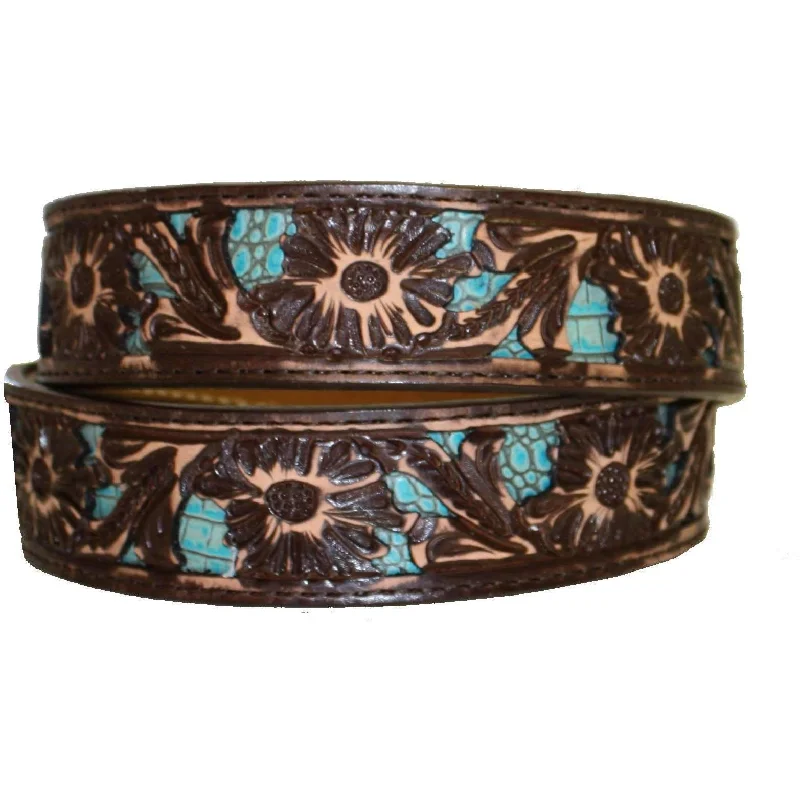 elegant leather belt for business attire -B762 - Brown Vintage Floral Tooled Inlayed Belt