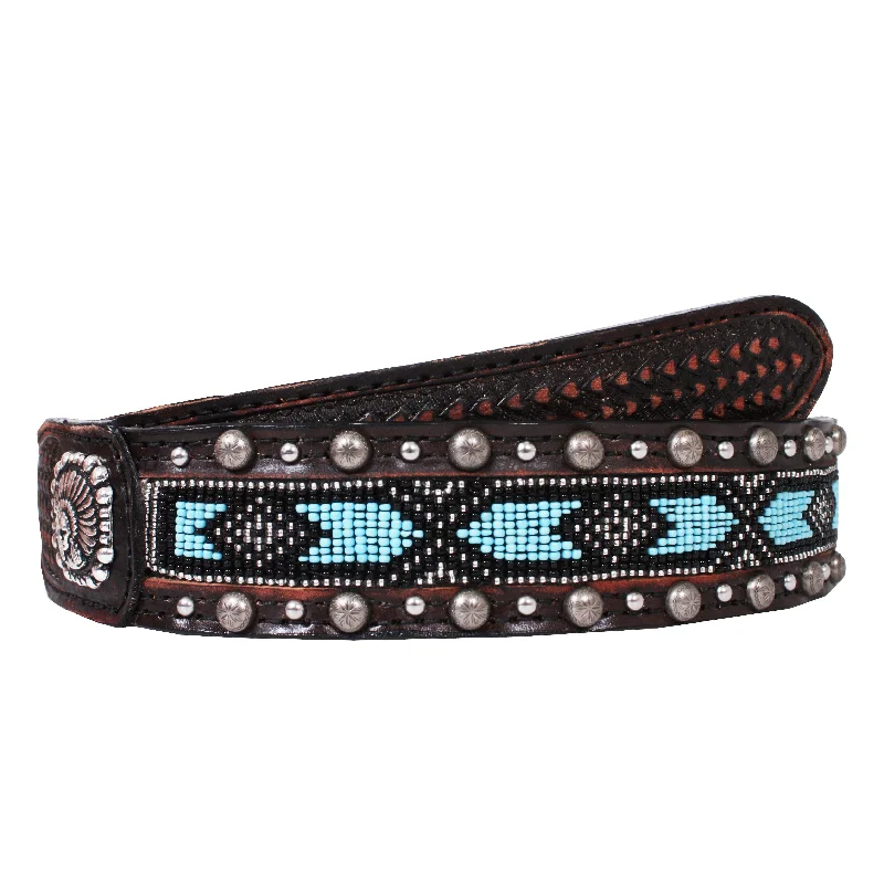 women’s elastic waist belt for dresses -B776 - Black Chestnut Vintage Beaded Inlay Belt