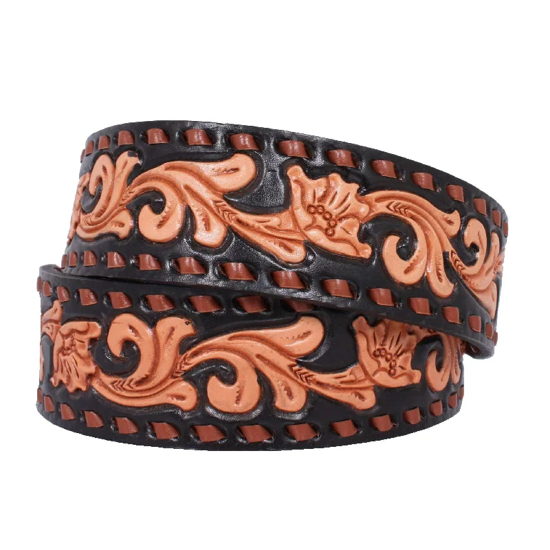 men’s black leather belt for trousers -B816 - Natural Floral Tooled Black Background Belt