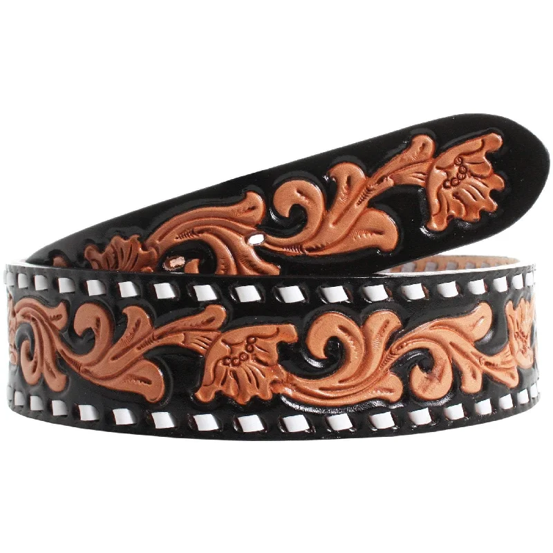 belt with round buckle for skirts -B816A - Tapered Floral Tooled Belt