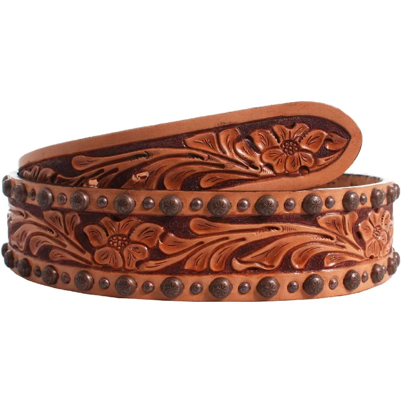 leather belt with smooth finish -B826 - Tapered Floral Tooled Belt