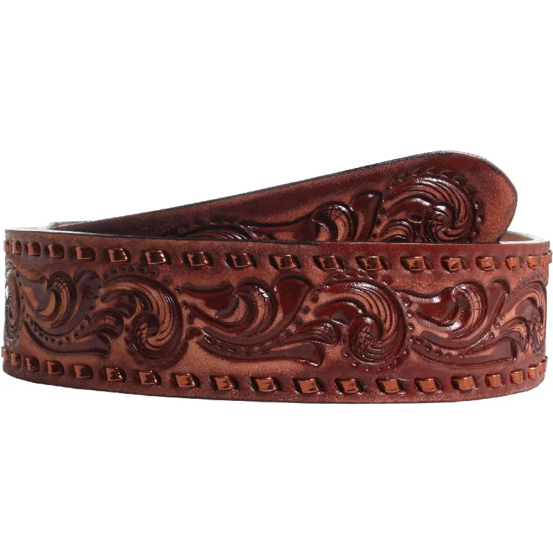 casual wide leather waist belt for men -B828 - Tapered Cognac Tooled Belt