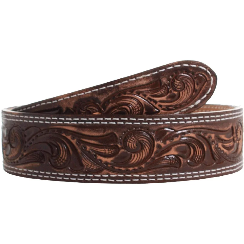 leather belt with bold buckle design -B831 - Brown Vintage Tooled Belt