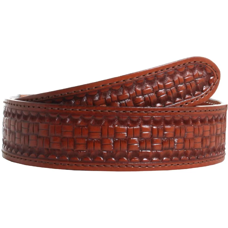 casual belt with wide buckle -B833 - Cognac Leather Tooled Belt