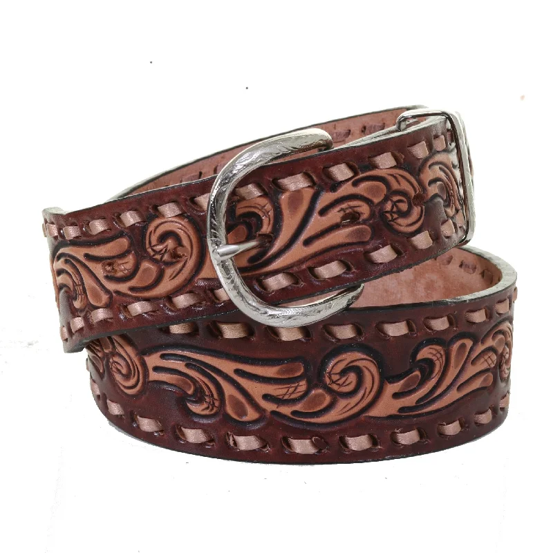 casual elastic waist belt with buckle -B845 - Cognac Leather Tooled Belt