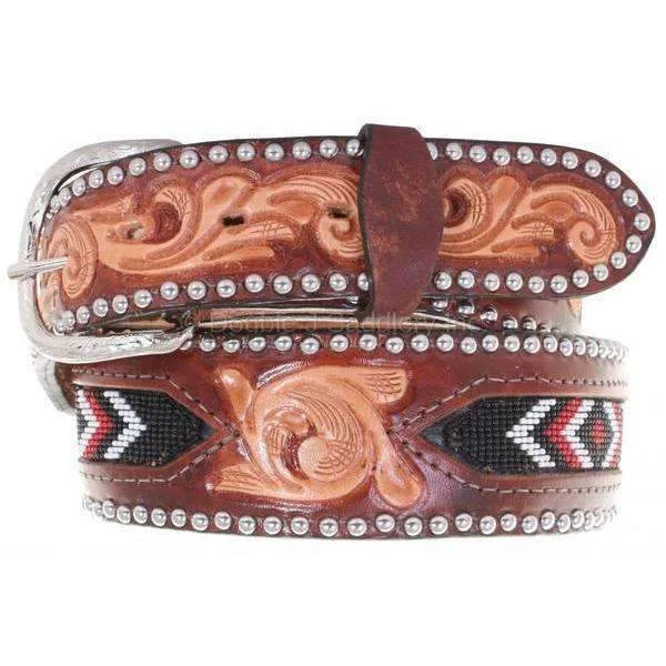 braided leather belt with chic buckle -B846A - Cognac Leather Beaded Inlay Belt