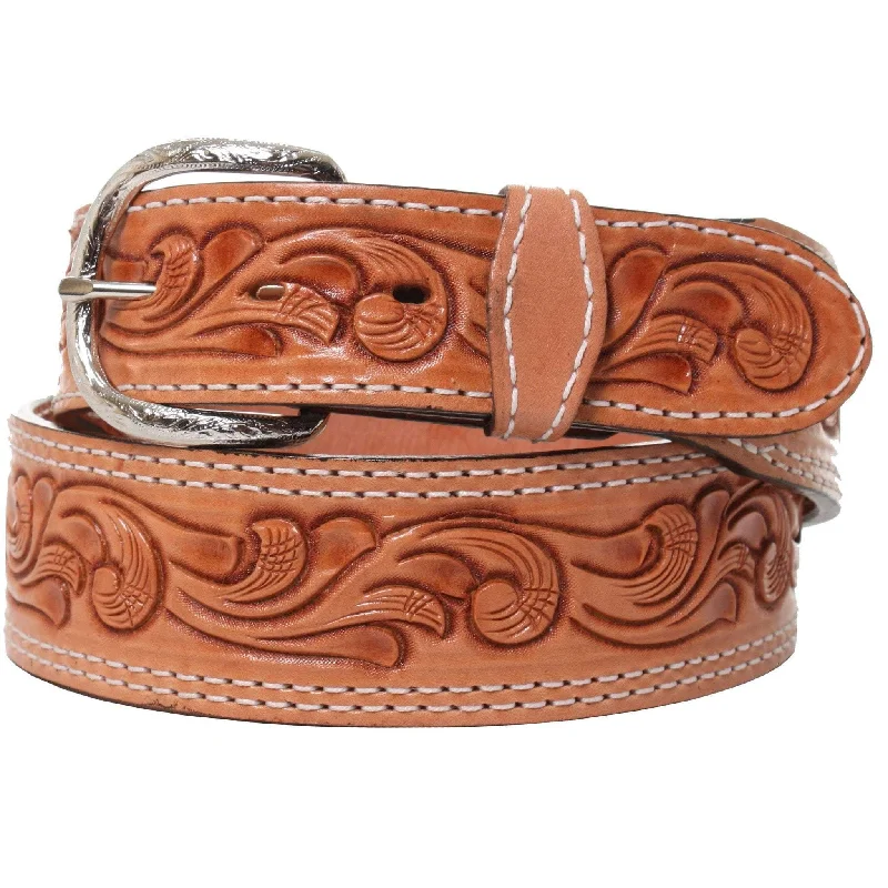 wide waist belt with leather details -B854 - Natural Leather Tooled Belt