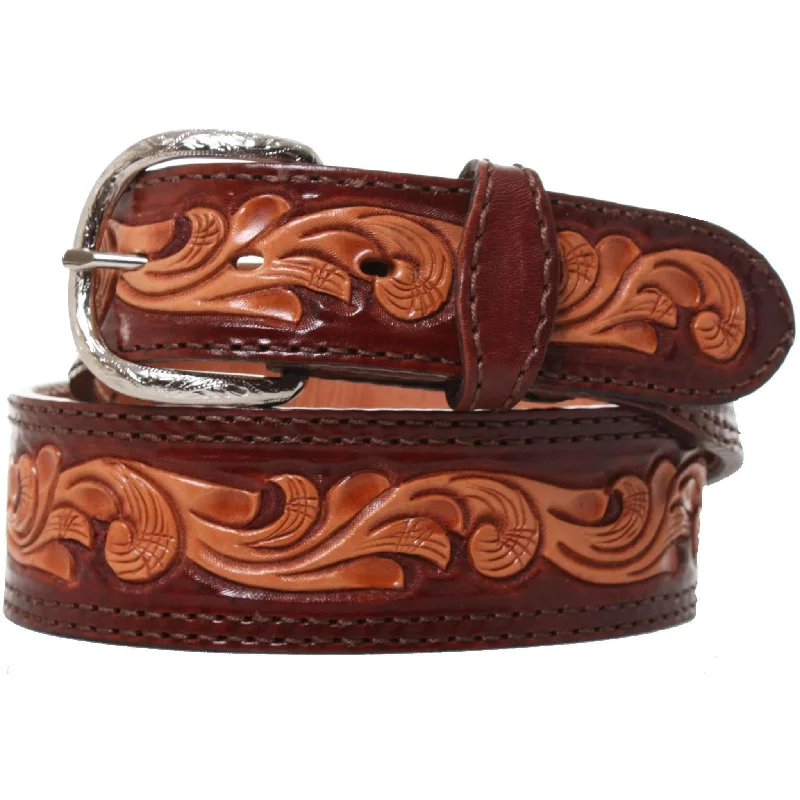 leather waist belt for skirts and dresses -B855 - Cognac Leather Tooled Belt