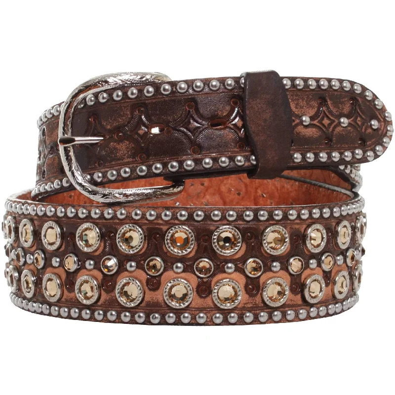 leather waist belt with woven detail -B867 - Brown Vintage Crystal Belt