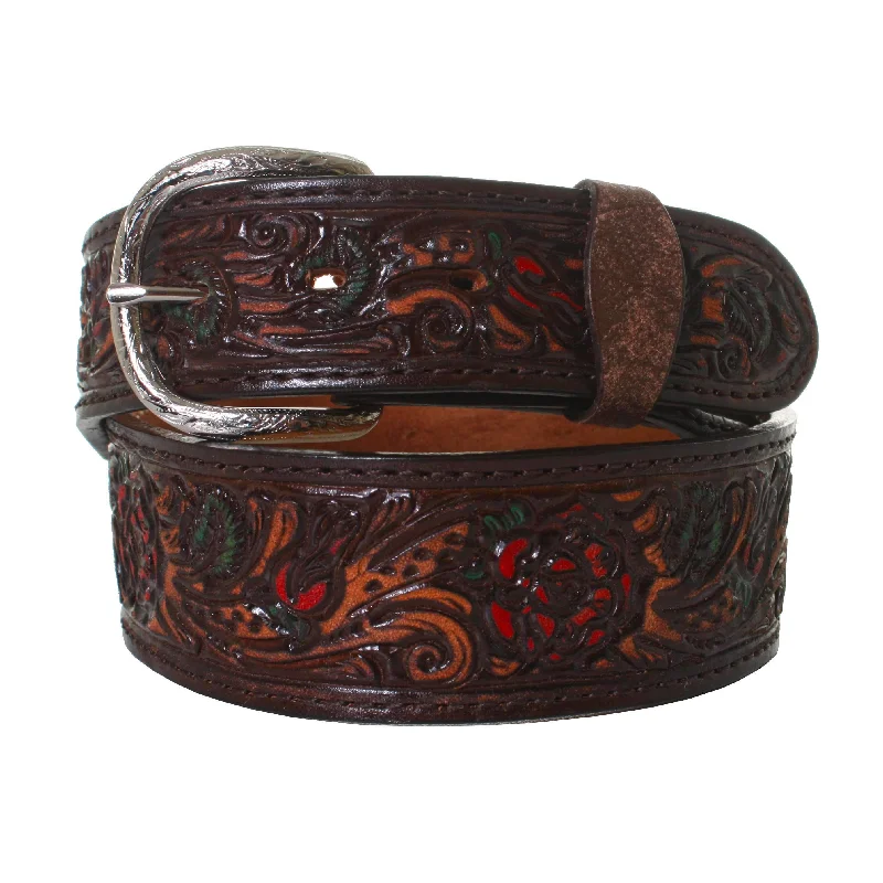 leather waist belt with pattern design -B875 - Brown Vintage Painted Rose Belt