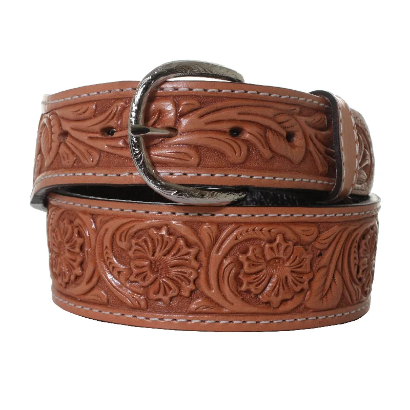 slim waist belt for elegant pants -B876 - Natural Leather Floral Tooled Belt