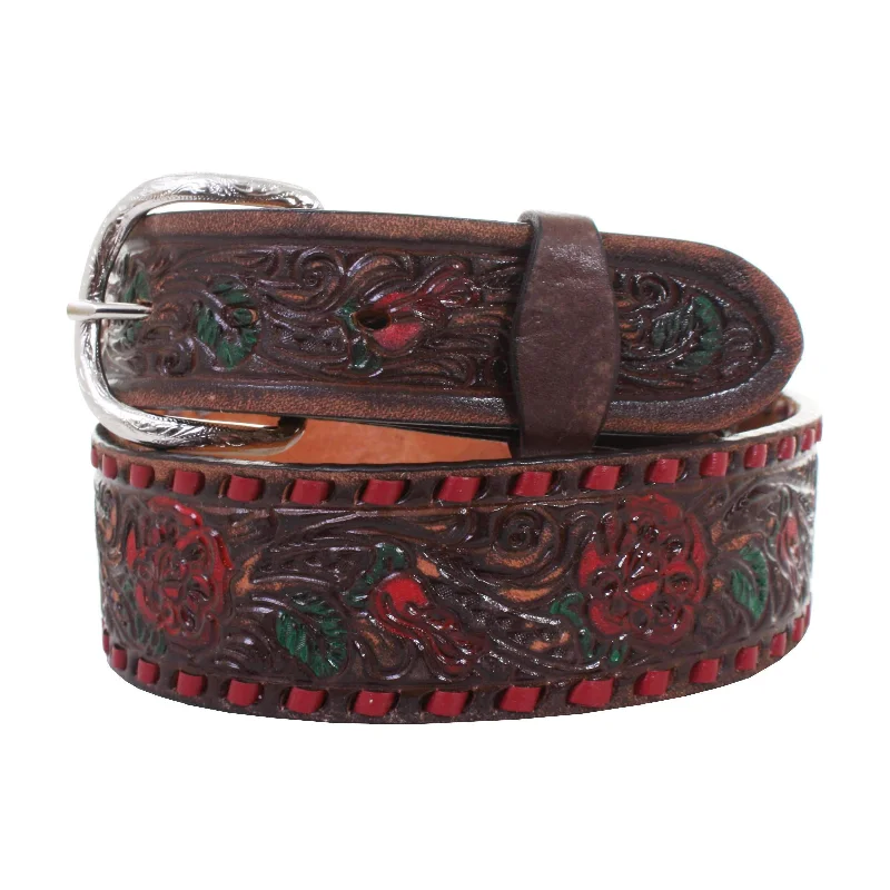 belt with intricate design for trousers -B878 - Brown Vintage Painted Tooled Belt