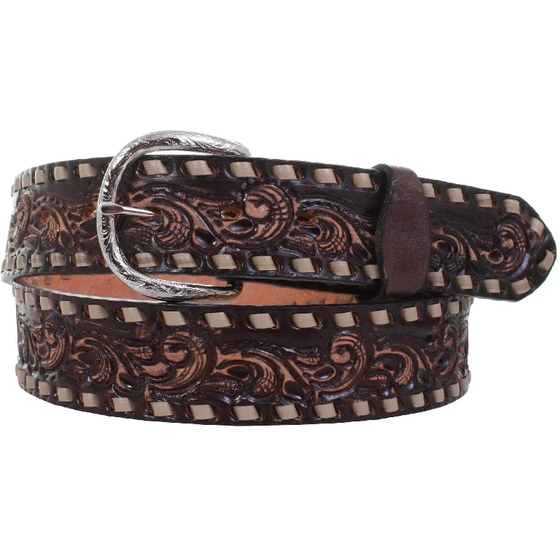 women’s soft waist belt for daily wear -B879 - Brown Vintage Whirlwind Tooled Belt