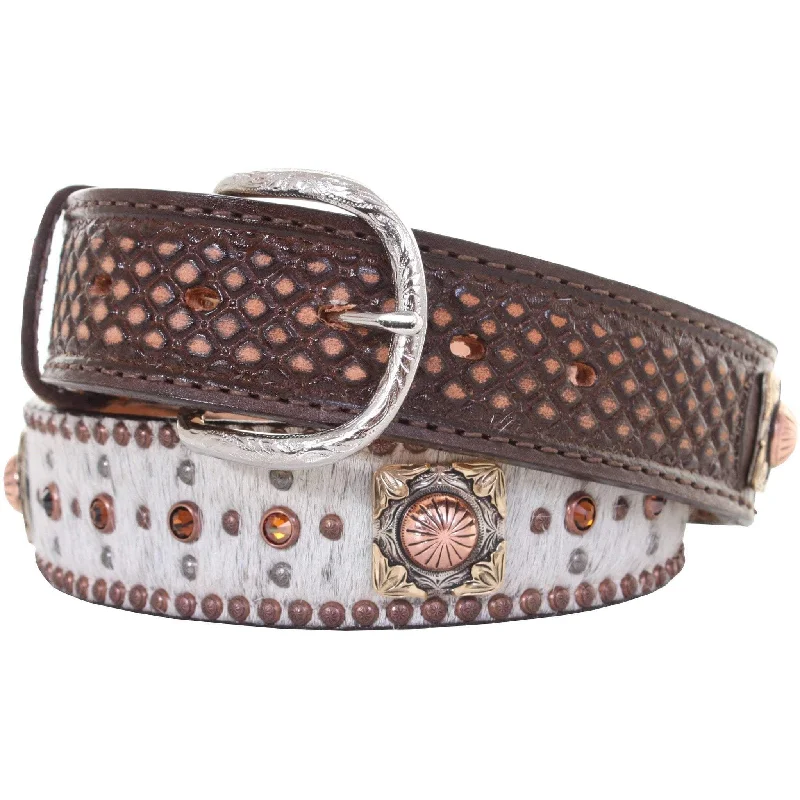 elastic waist belt for comfortable fit -B897 - Roan Hair Crystaled Tooled Belt