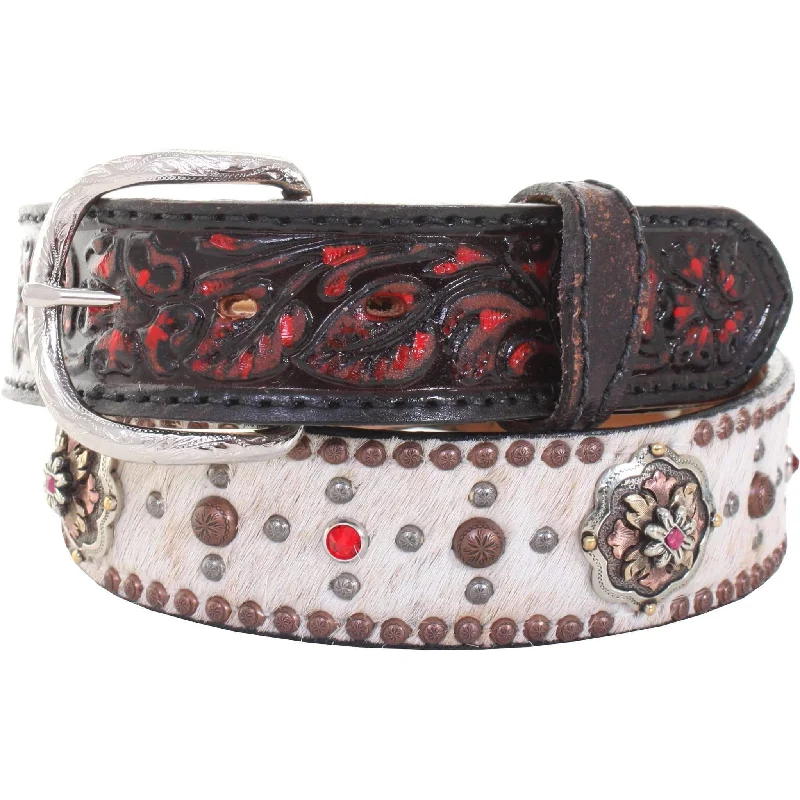 adjustable fabric waist belt for men -B898 - Roan Hair Crystaled Tooled Belt