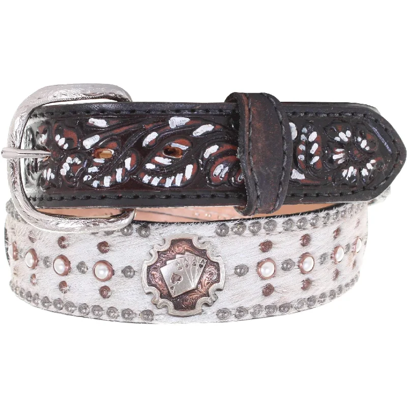 thick leather waist belt with silver buckle -B899 - Roan Hair Studded Tooled Belt