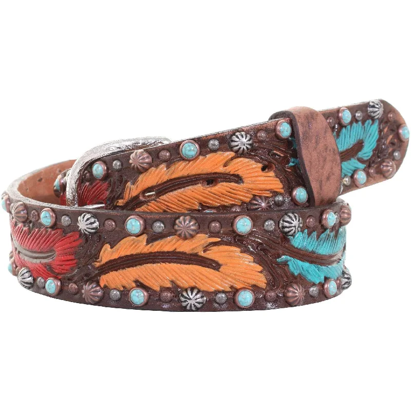 designer leather belt for evening dresses -B903 - Feather Painted And Tooled Belt