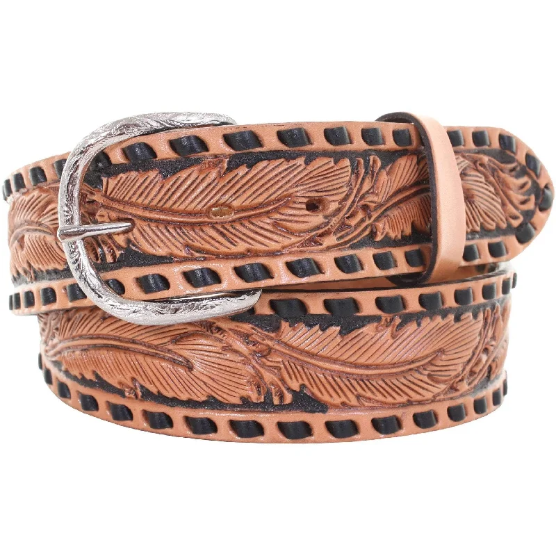 women’s wide waist belt with rhinestones -B904 - Natural Feather Tooled Belt