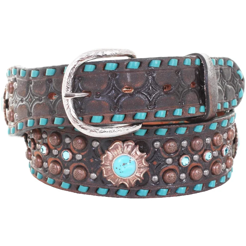 leather waist belt with engraved details -B906 - Black Vintage Studded Belt