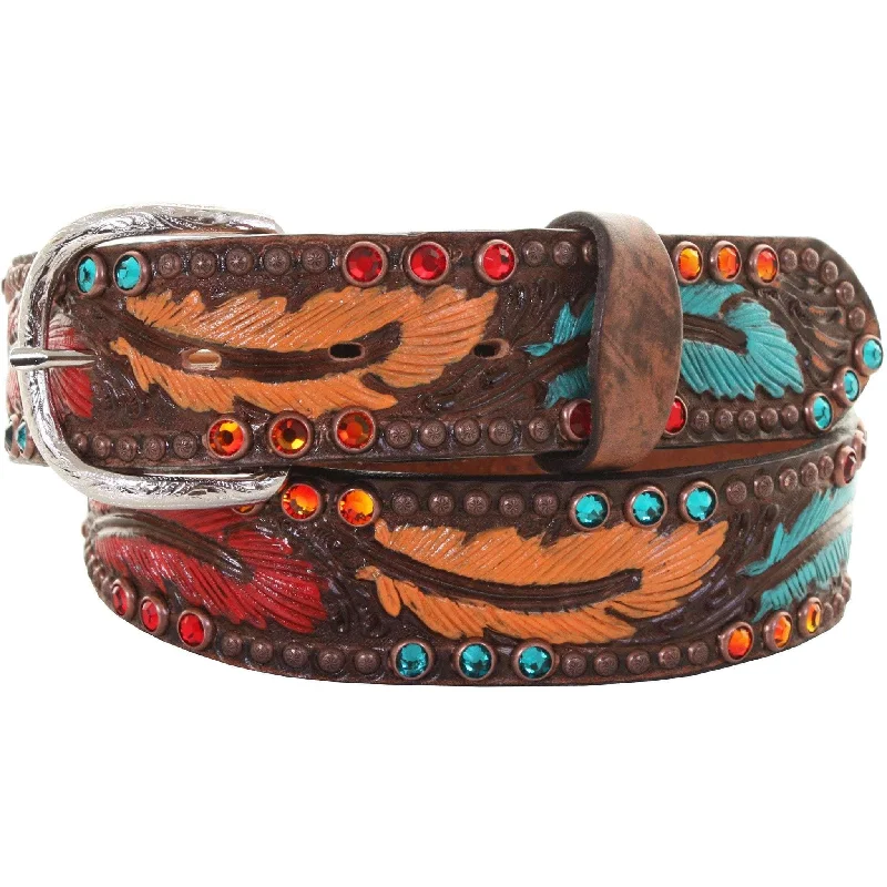 high-quality leather waist belt for skirts -B909 - Brown Vintage Painted Tooled Belt