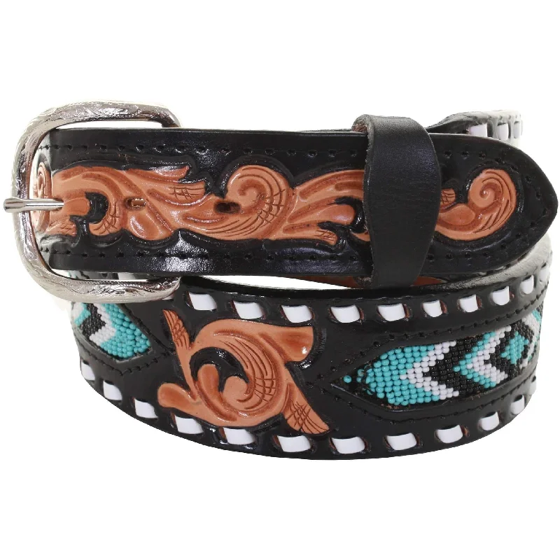 wide waist belt for modern dress -B915 - Black Beaded and Tooled Belt