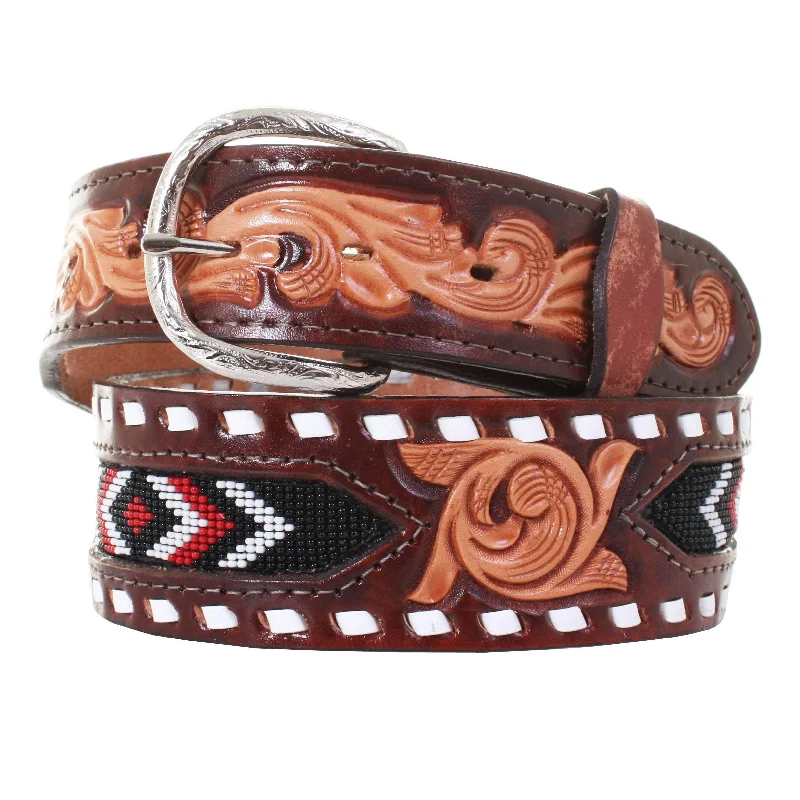 wide fabric waist belt with buckle -B917 - Cognac Beaded and Tooled Belt