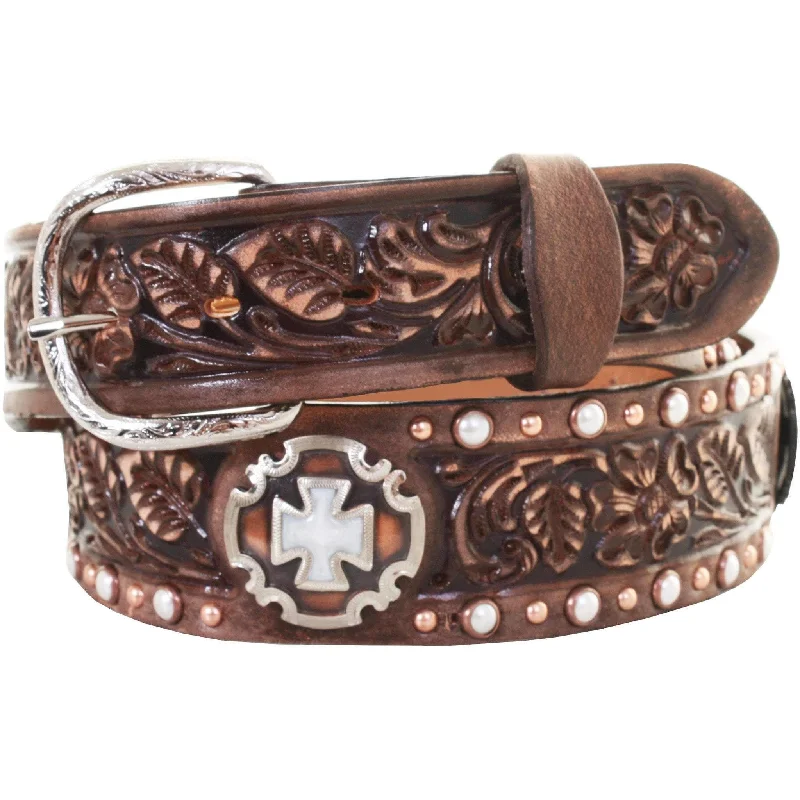 braided leather belt for casual attire -B918 - Brown Vintage Tooled Belt