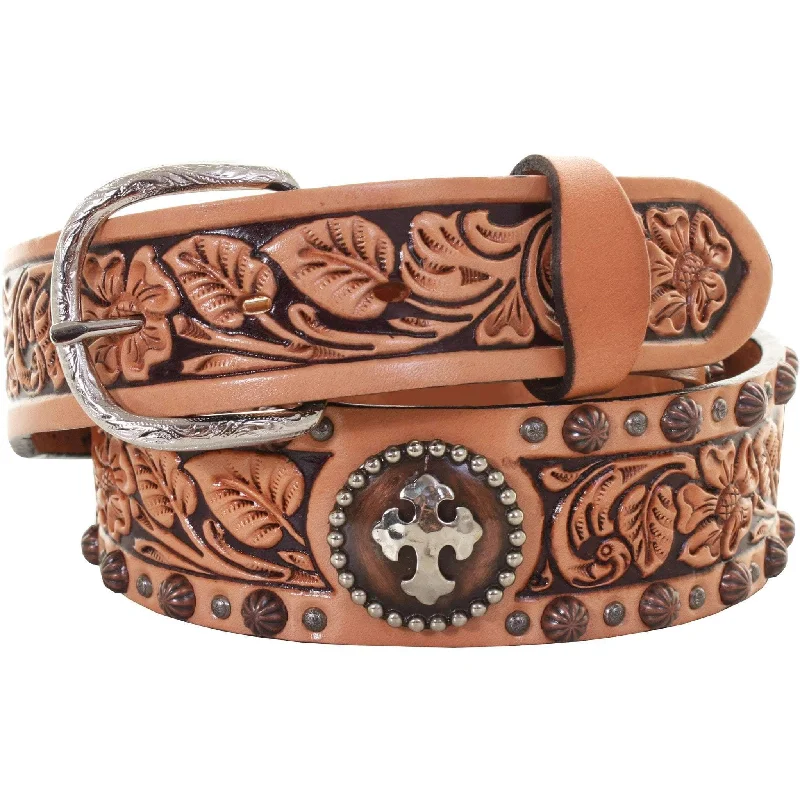 women’s elegant waist belt for dress -B919 - Natural Leather Tooled Belt