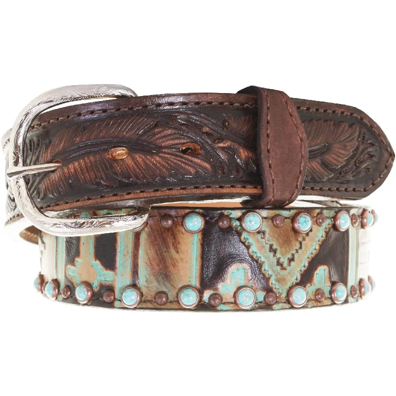 belt with square buckle for formal wear -B921 - Navajo Turquoise/Brown and Feather Tooled Belt