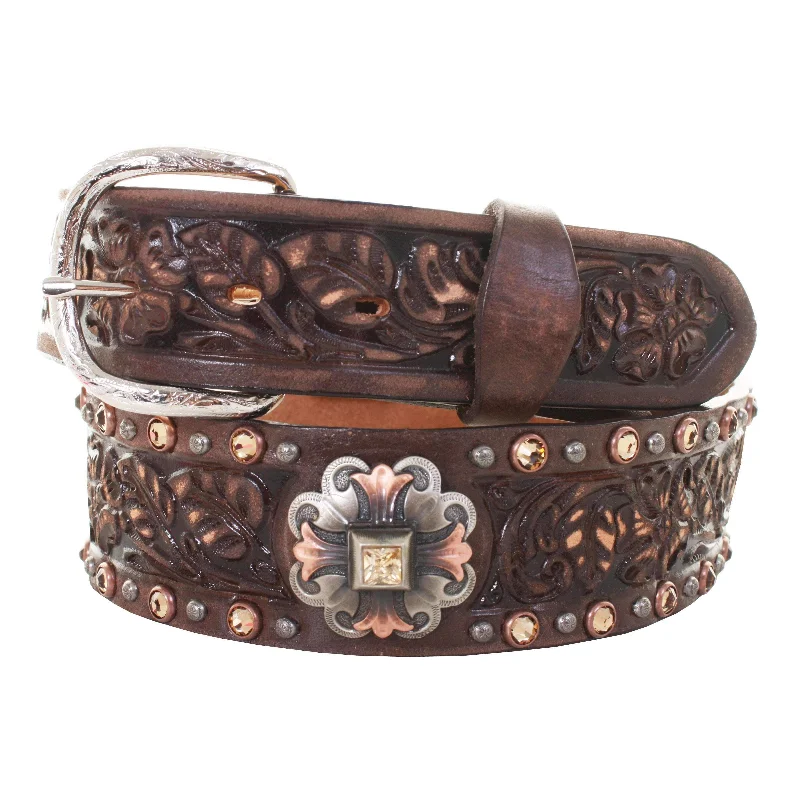 trendy leather waist belt for skirts -B923 - Brown Vintage Tooled Belt