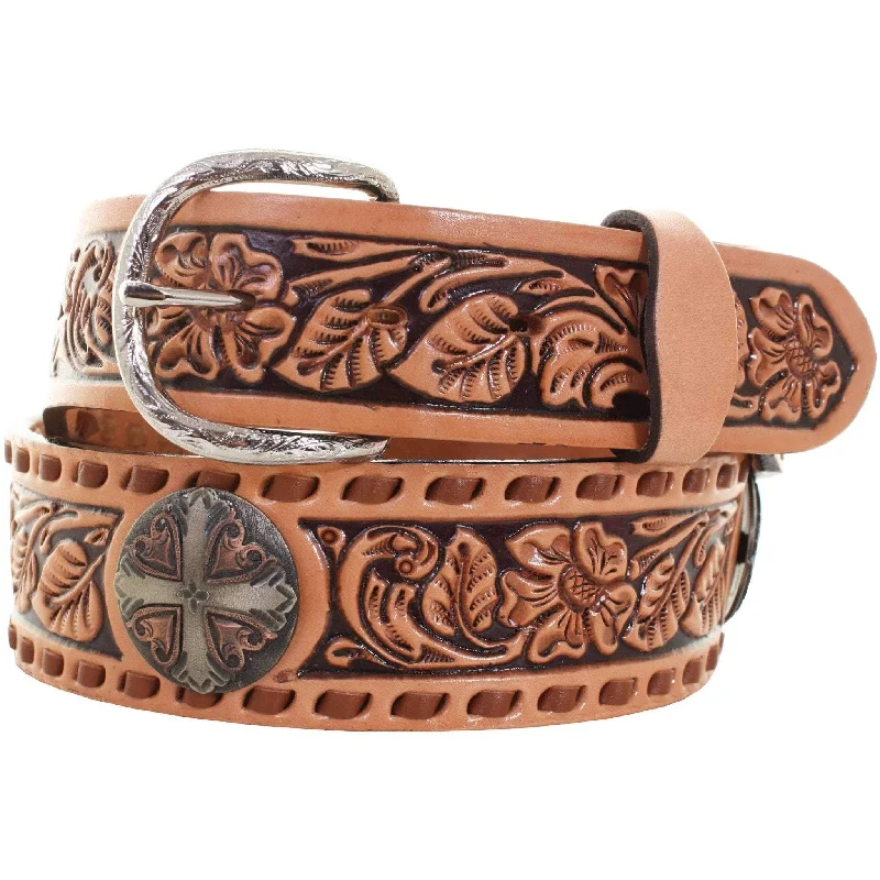 leather belt for casual jackets -B924 - Natural Leather Tooled Belt