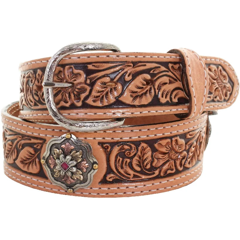 waist belt for oversized casual dresses -B925 - Natural Leather Tooled Belt