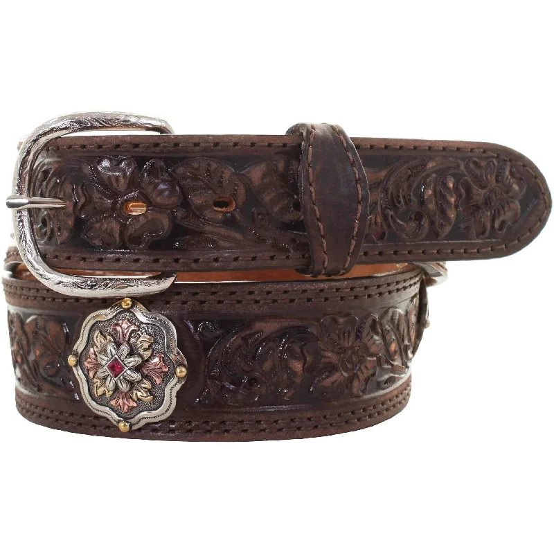 high waist leather belt with detailed stitching -B926 - Brown Vintage Tooled Belt