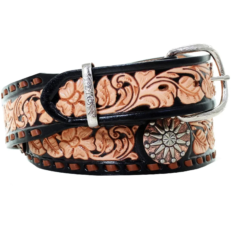 leather belt with designer hardware -B927B - Black and Natural Floral Tooled Belt