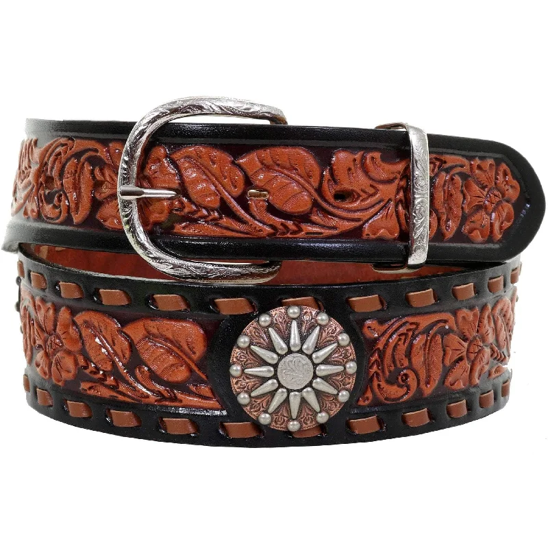 designer waist belt for casual dresses -B927C - Black and Chestnut Floral Tooled Belt