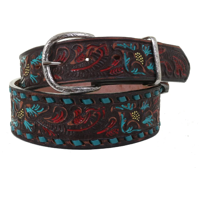 wide leather belt with golden buckle -B932 - FAST SHIP Brown Vintage Floral Tooled Belt