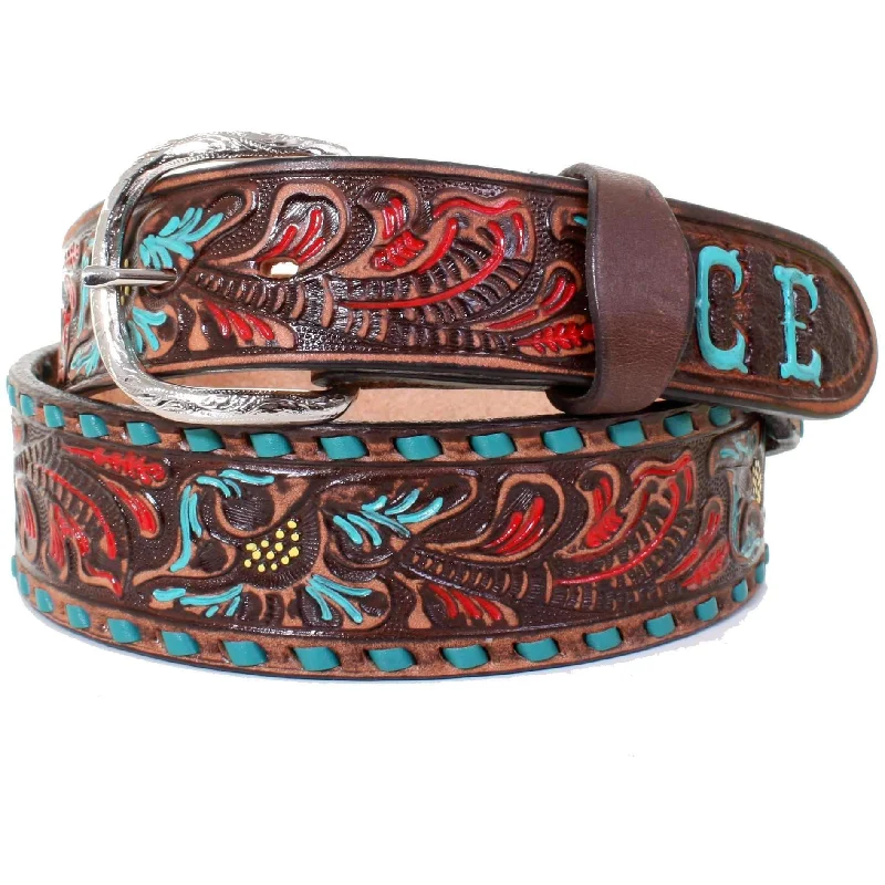 belt for men’s everyday wear -B932A -FAST SHIP Brown Vintage Floral Tooled Belt with Initials