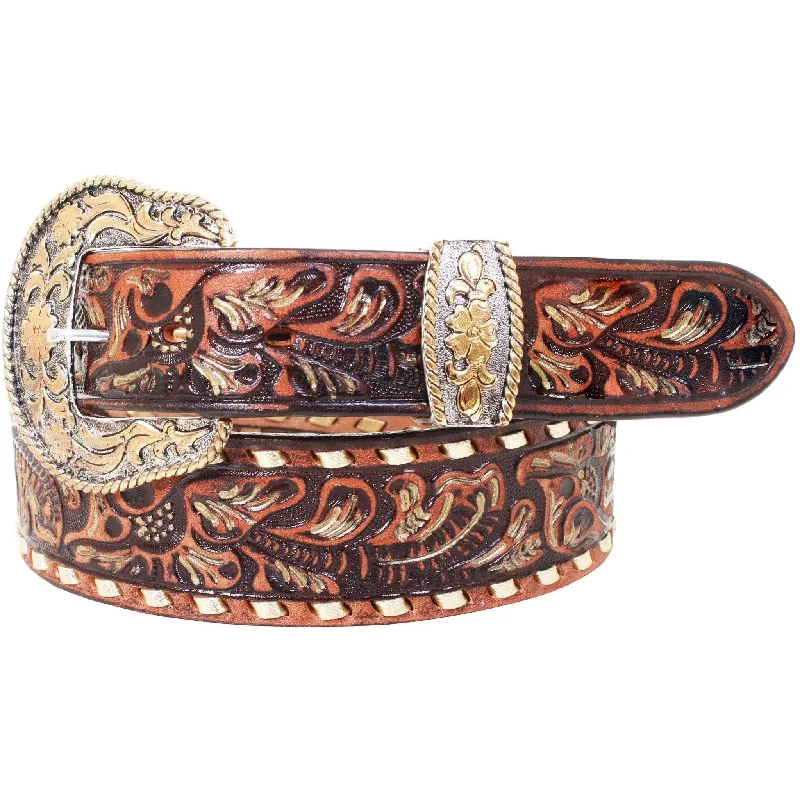 belt for formal trousers with silver buckle -B940 - Brown Vintage Fancy Painted Belt