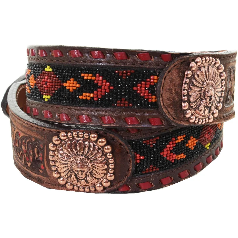 fashionable leather waist belt with stud detail -B946A - Brown Vintage Beaded Belt