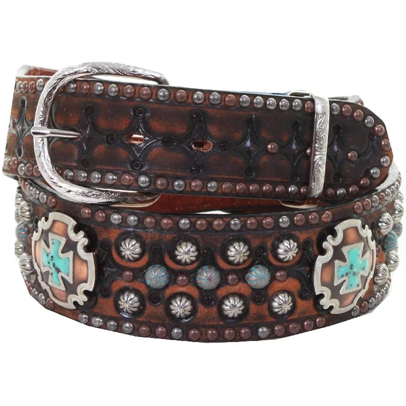 leather belt with antique-style buckle -B947 - Black Vintage Studded Belt