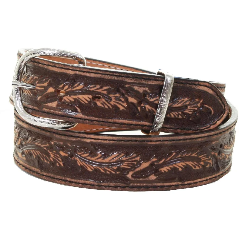 comfortable leather waist belt for trousers -B955 - Brown Vintage Tooled Belt