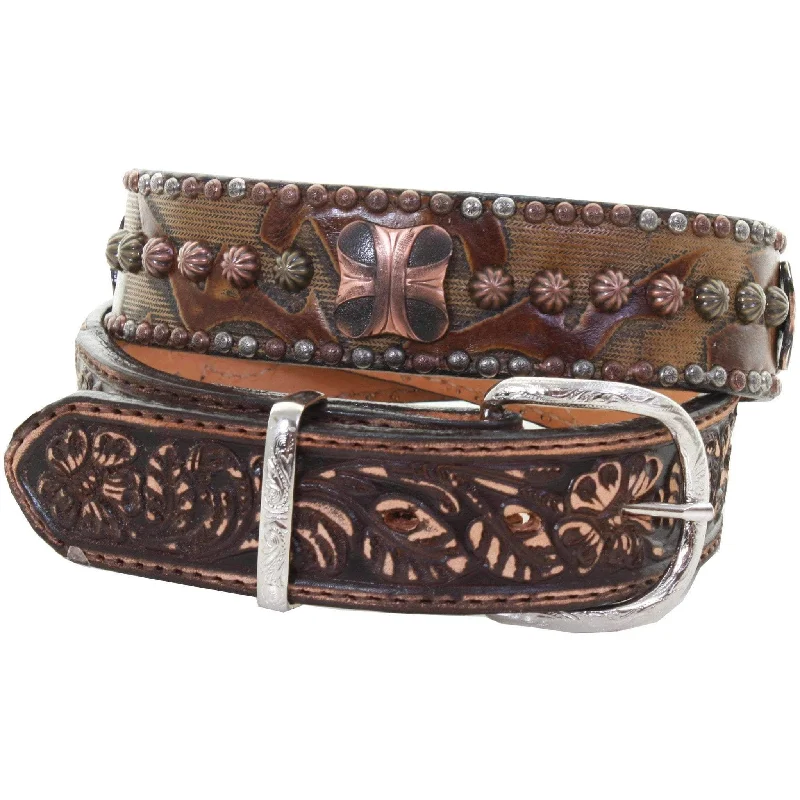 chic wide belt for casual outfits -B962 - Laredo Burnt Brown and Floral Tooled Belt