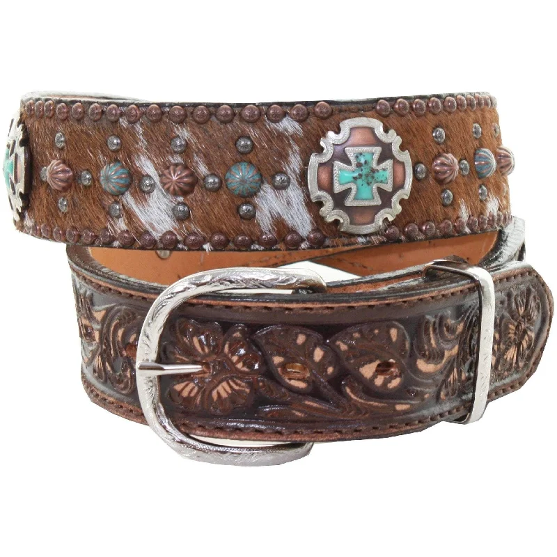 simple belt with unique buckle -B964 - Roan Hair Studded Tooled Belt