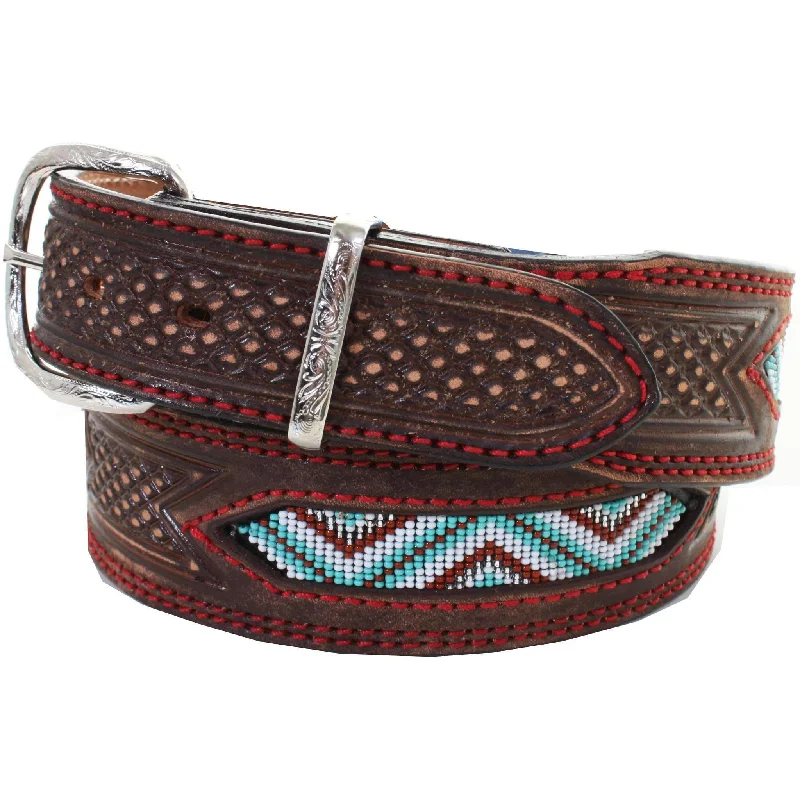 women’s stylish wide leather belt -B972 - Brown Vintage Beaded Belt